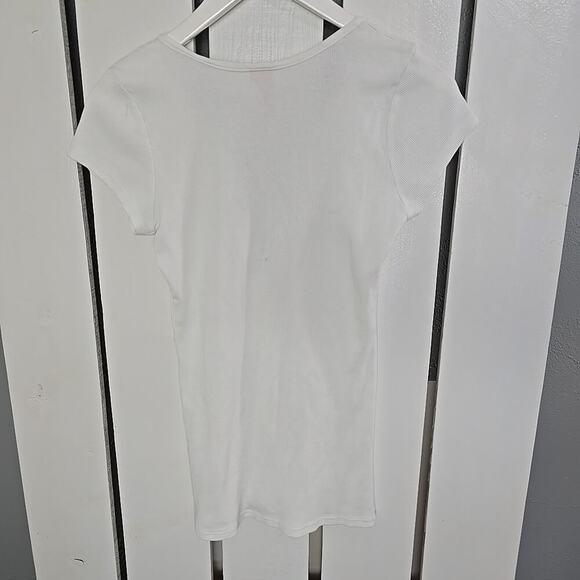 Charlotte Tarantola Ribbed Crystal Button White Fitted Cap Sleeve Top L Y2K‎ - Picture 2 of 10